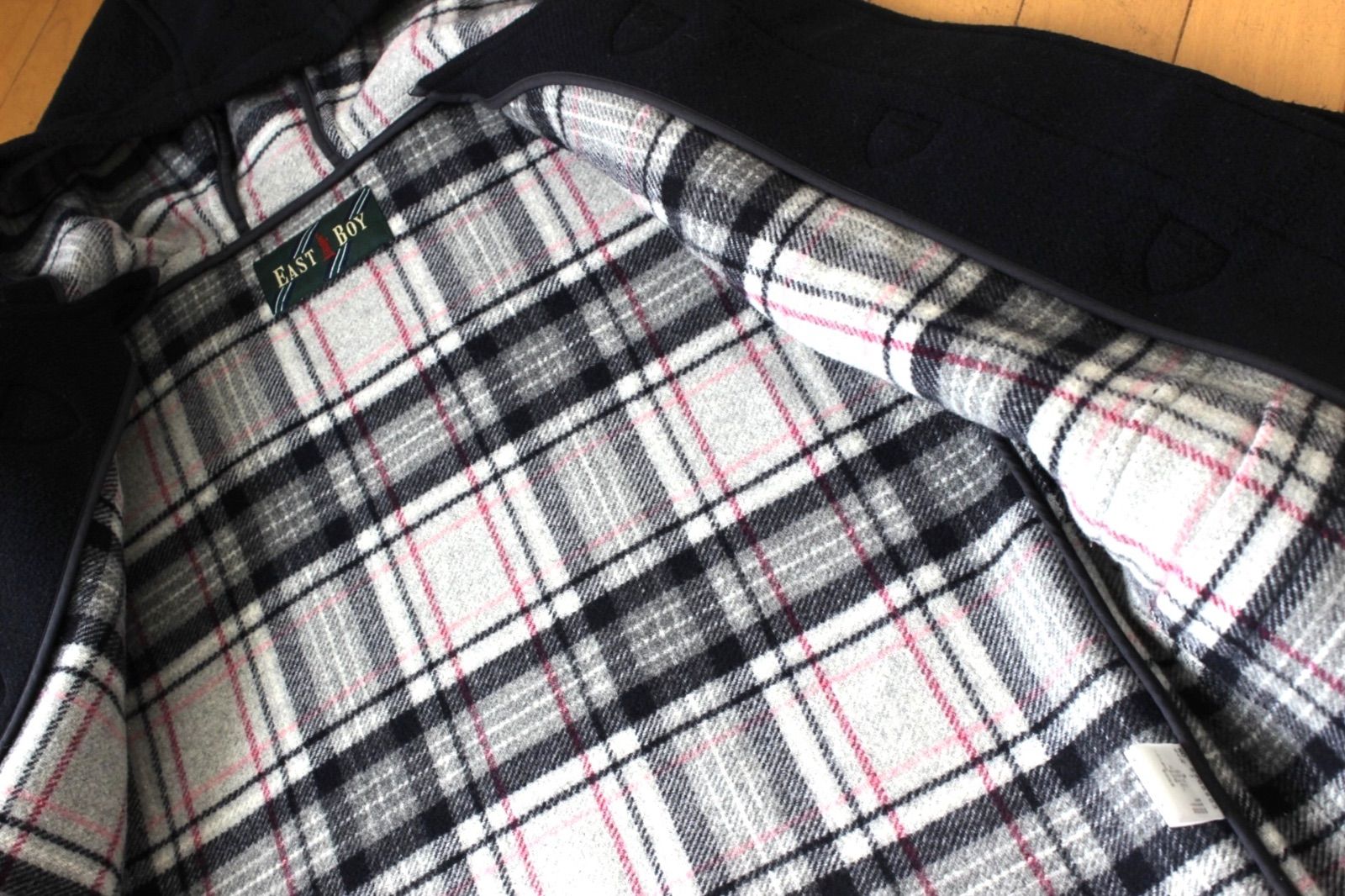 32【美品】イーストボーイ ダッフルコート 7 ネイビー 紺 S 裏チェック