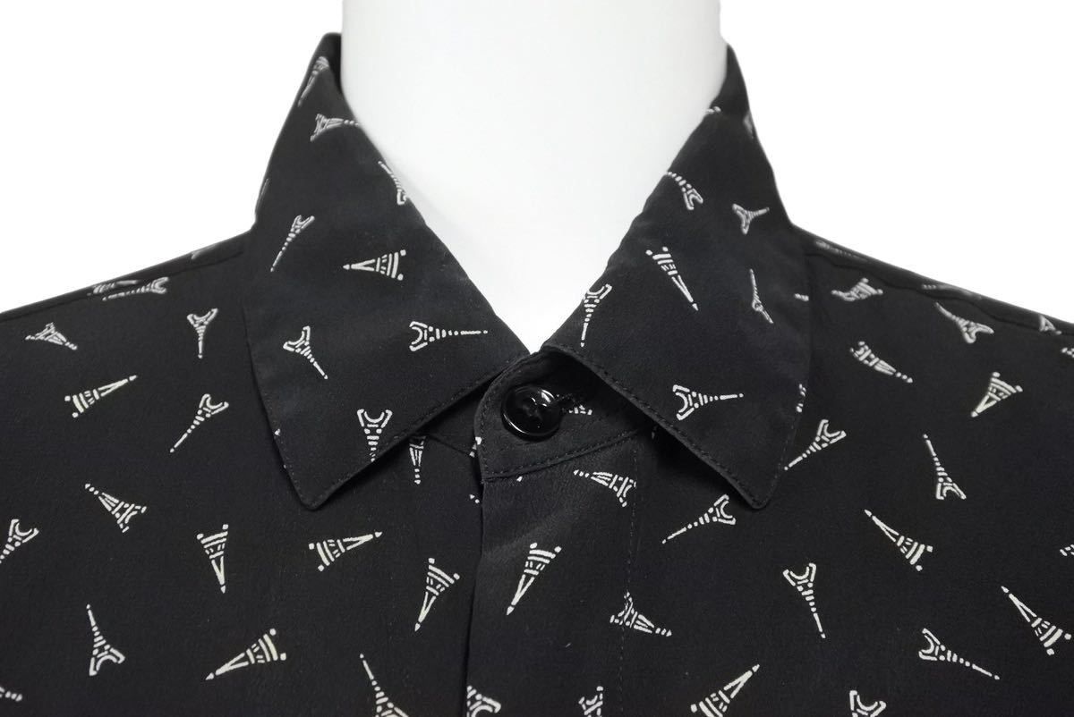 サンローラン エッフェル塔プリント シルク 長袖シャツ- 
