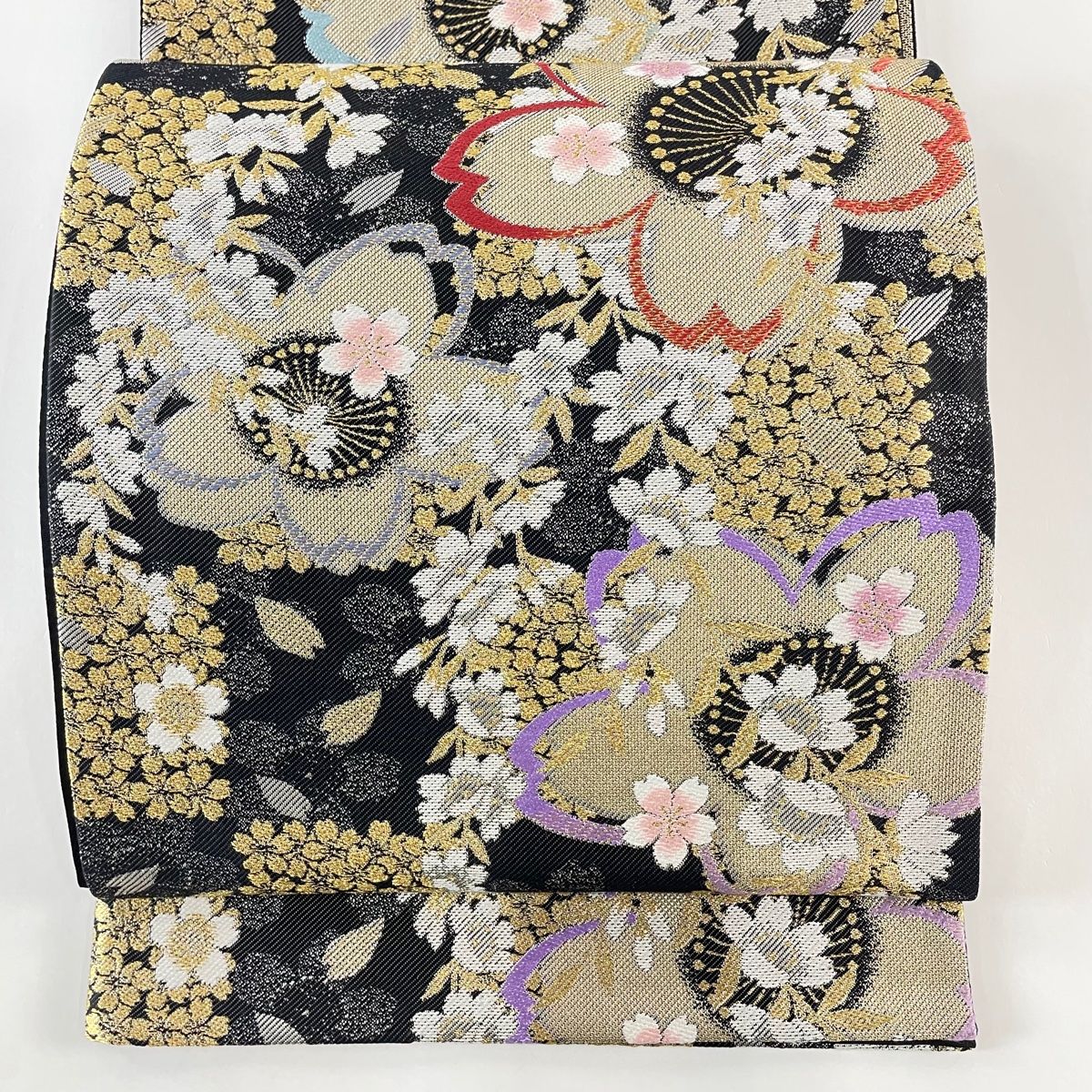 袋帯 美品 秀品 桜 花びら 金糸 箔 黒 六通 正絹 【中古