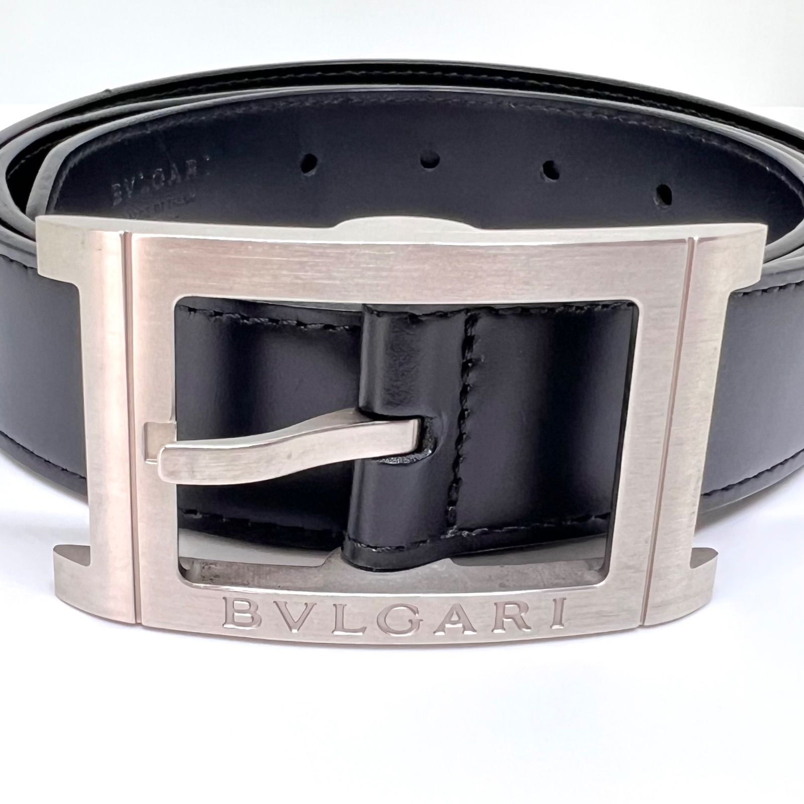 美品☆ BVLGARI ブルガリ レザー ベルト レッタンゴロ メンズ シルバー 