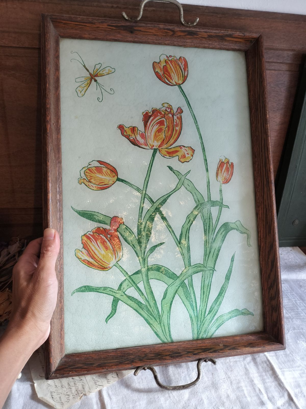 フランス アンティーク 花装飾 ガラス付き 大きい 木製 トレー