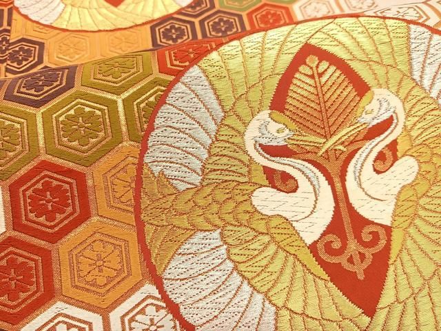 平和屋着物□西陣 河合美術織物謹製 六通柄袋帯 唐織 花亀甲双鶴丸文