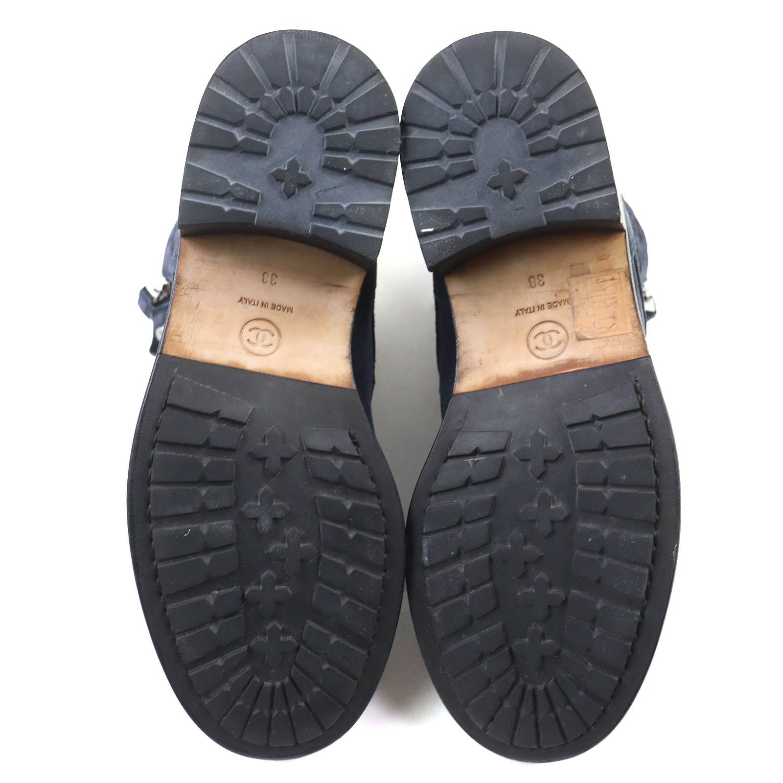 △CHANEL シャネル G33769 スウェード×レザー ココマーク マトラッセ サイドジップ レースアップ アンクルブーツ ショートブーツ ネイビー ブラック 38 イタリア製 レディース NICORILABO_COM