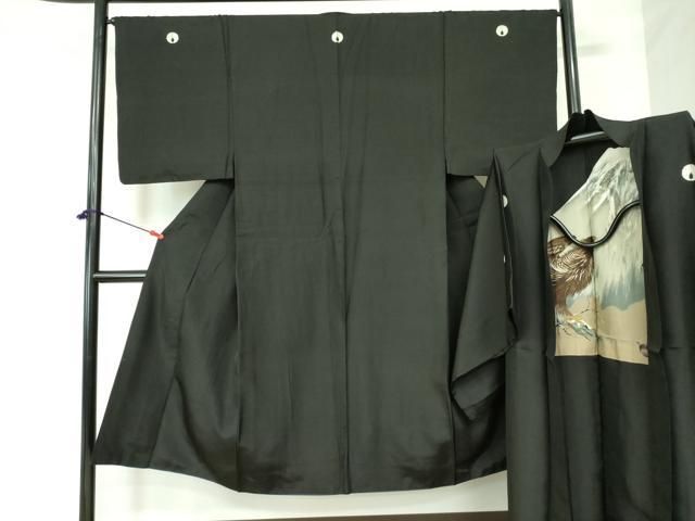 平和屋着物●男性 黒紋付 羽織セット 羽裏 一富士二鷹三茄子 正絹 DAAX1386op