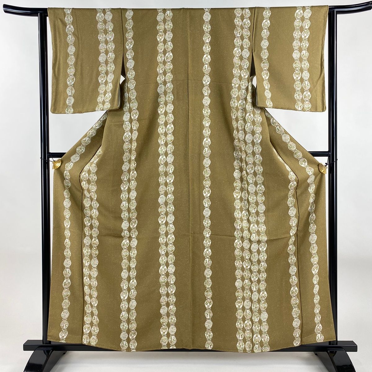 小紋 身丈159cm 裄丈63cm S 袷 草花 鳥 茶緑色 正絹 秀品