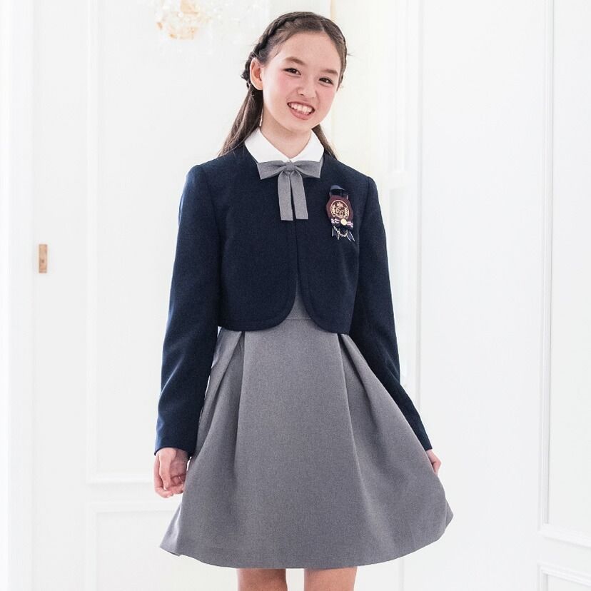 【ネイビーxグレー2】上品白襟ワンピース＋ノーカラーボレロスーツ フォーマル キッズ キャサリンコテージ TAK