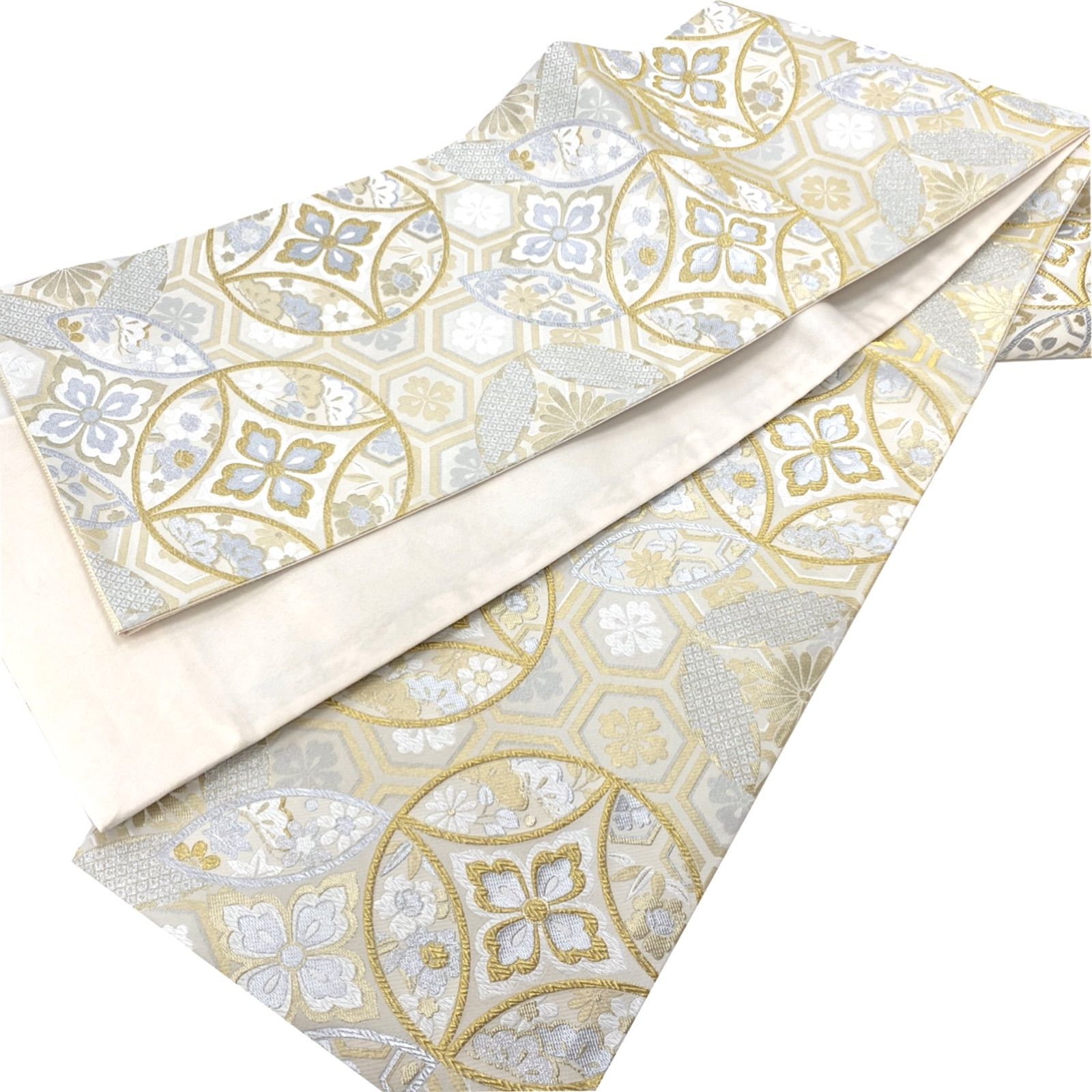 正絹袋帯、振袖ほか、537 リサイクル着物】袋帯 正絹 Sランク 古典柄 振袖用 源氏車 鳳凰