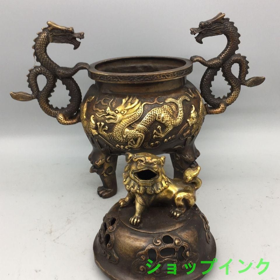 中国古美術・旧蔵獅子熏香炉セット・純銅製・鏨刻鎏金・高浮彫・置物・茶道具・文房具 獅子蓋 双龍耳 香炉 書房 茶道 工芸品 装飾品 美術品 置物
