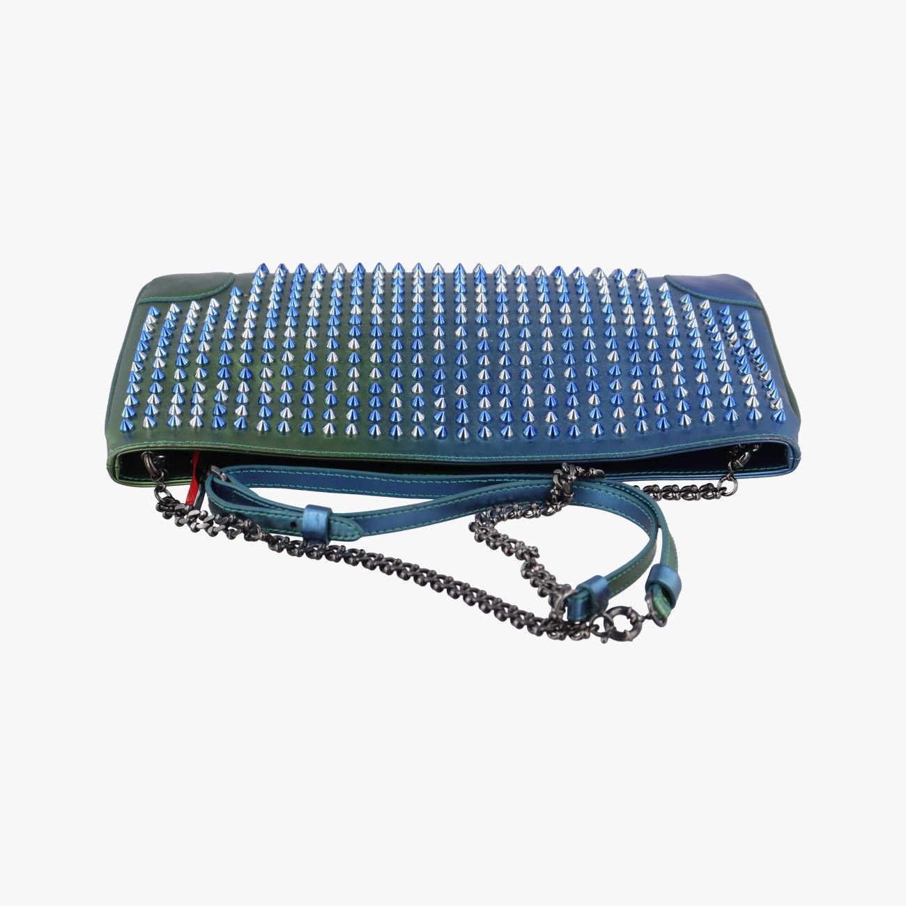 100％本物保証。 クリスチャンルブタンChristian Louboutinスカラベ ルビポッシュスパイク チェーンクラッチブルー×グリーンエナメル 丁寧