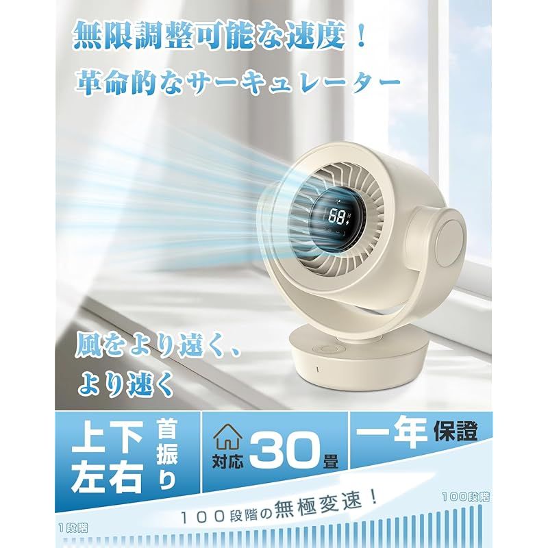 新開発 サーキュレーター 自動首振り 静音 360度回転 dcモーター 100段階風量調節 usb充電式 卓上 扇風機 コードレス リモコン付き 換気|空気循環|部屋干し 梅雨 除湿 衣類乾燥 暑さ対策 省エネ 節電対策 日本語説明書付き 0