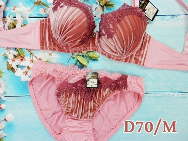 003★D70 M★美胸ブラ ショーツ 谷間メイク ベロア プリーツ ピンク