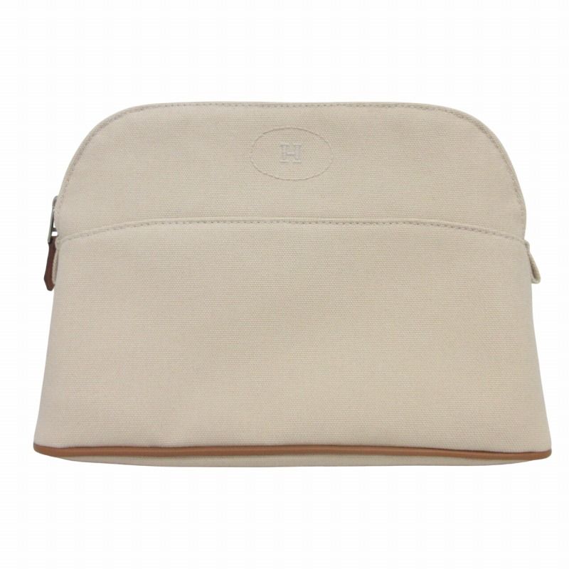 エルメス HERMES ボリードポーチMM H102774M コットンキャンバス ロゴ刺繍 ナチュラル ベージュ 茶 ブラウン AA 0422