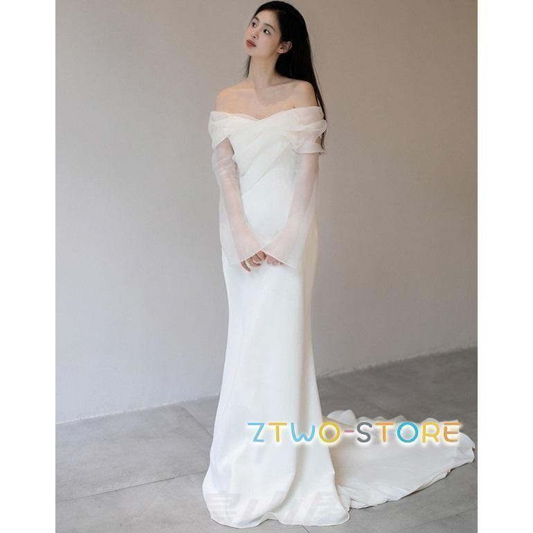 ウェディングドレス オフショルダー ウェディングドレス 大きいサイズ 3L 4L 小さいサイズ ウェディングドレス 二次会 シンプル 袖あり 長袖 トレーン 前撮り