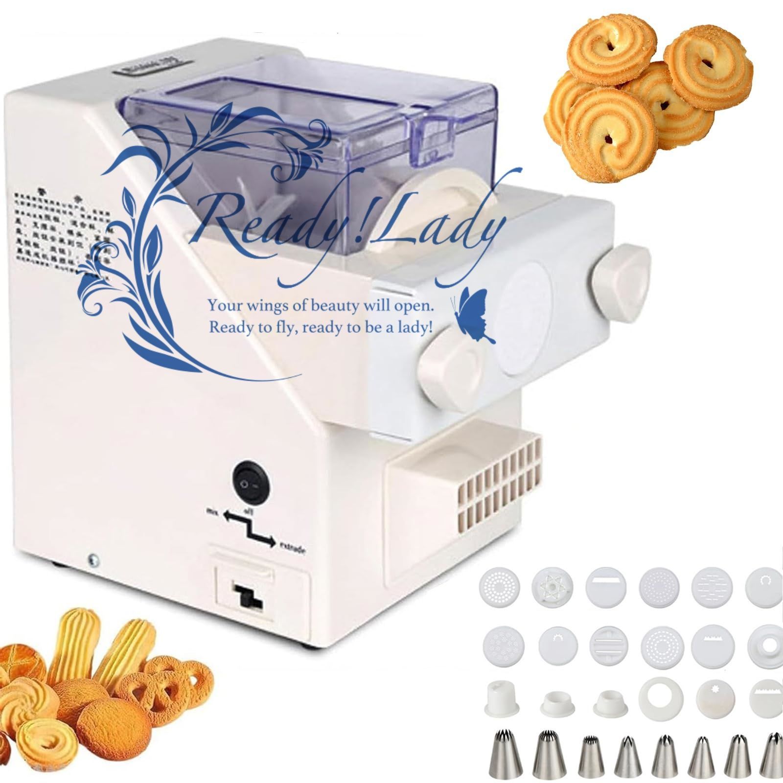 自動エレクトリッククッキープレスメーカーマシン-180Wビスケットフォームメーカー8個のノズルと6本の金型を簡単に自家製クッキーにします