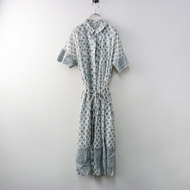 ナチュラン ツチエ TUTIE インド綿花柄プリントインナー付き ロングシャツワンピース‖サックス ドレス ピンタック 2400014621136
