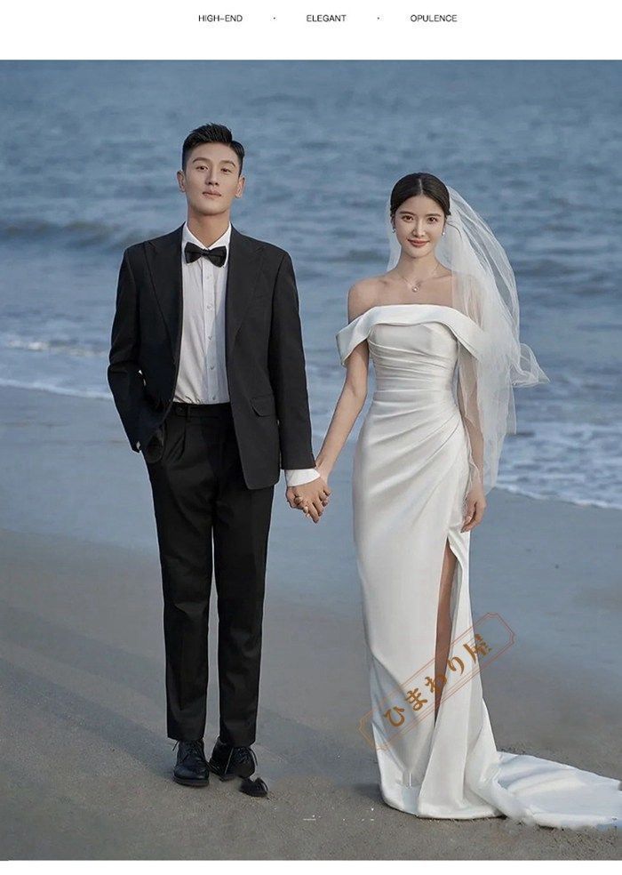 ウェディングドレス　サテン　ホワイト　前撮り　フォトウェディング　二次会　結婚式 ウェディングドレス ホワイト 花嫁 サテン 前撮り 結婚