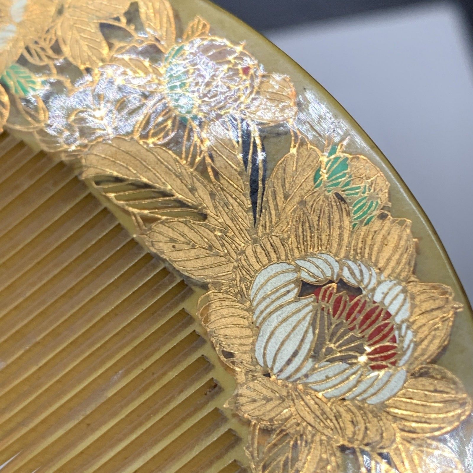 L338 アンティーク 櫛＆簪セット 金箔べっこう色 花柄 彫金 彩色 櫛 笄