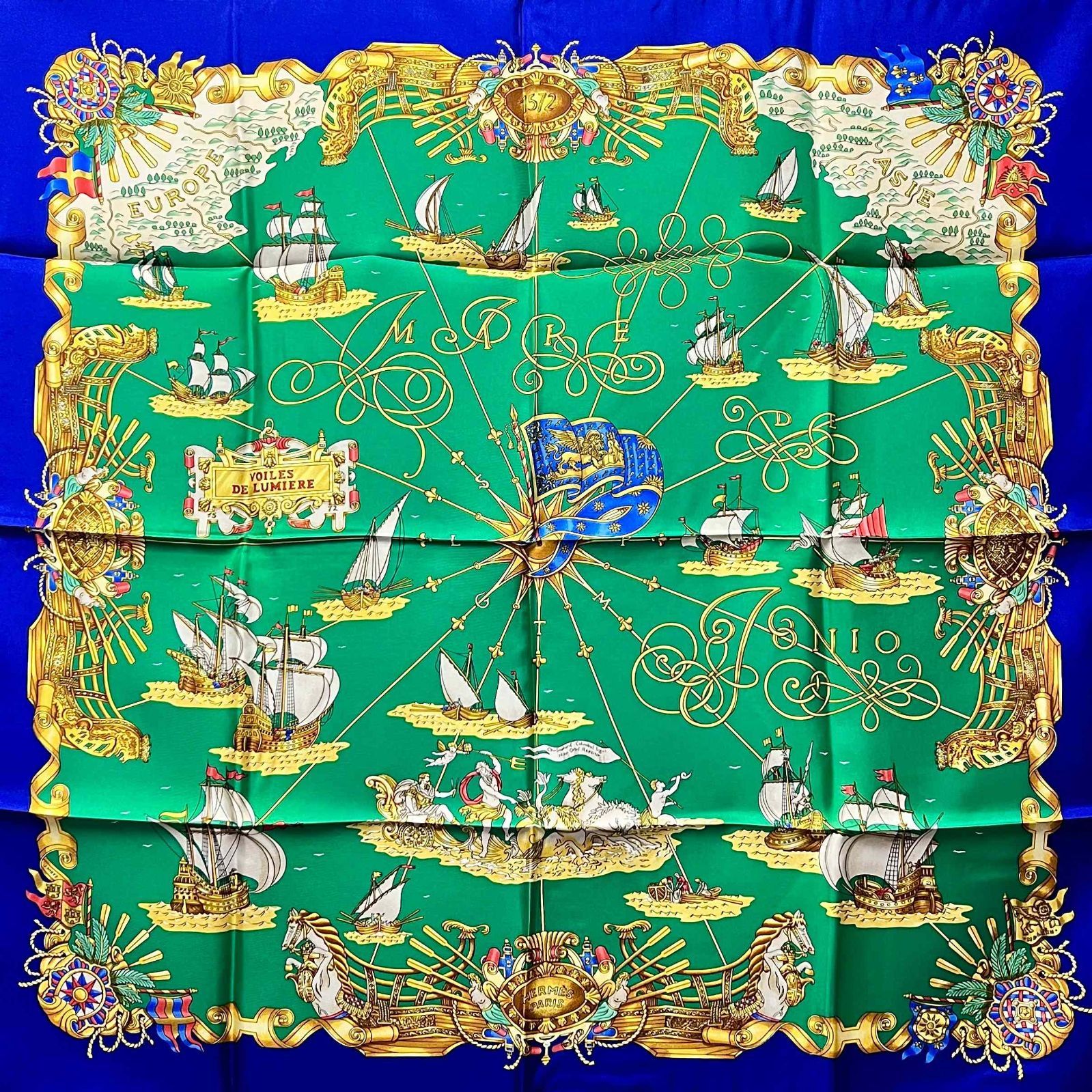 Herms エルメス 90カレ 大判 スカーフ VOILES DE LUMIERE 光の帆船 マルチカラー シルク 箱 レディース ファション 服飾小物 衣料品 ♥品 aua36364071005