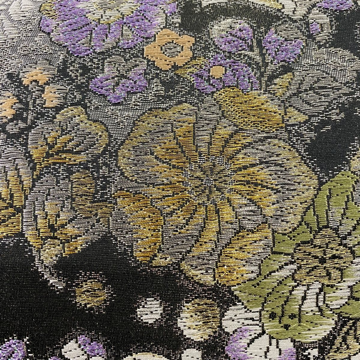 バイセル 着物 美品 名品 袋帯 銀色 辻が花風 市松 金彩 銀彩 振袖用 六通 正絹 ☆☆☆☆ 袋帯 美品 名品 落款 辻が花 変わり格子 銀通し 箔 赤紫 お太鼓柄 正絹