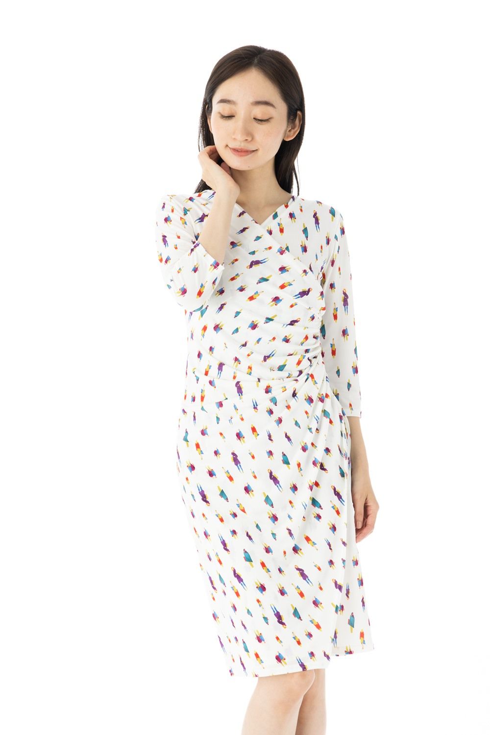 エジェリ EGERIE ワンピース T1 T2 T3サイズ 七分袖 膝丈ワンピース 総柄 カシュクール レディース フランス製 ジャージー素材 ワンピース 大人 上品 体型カバー エレガント インポート ホワイト 春 夏 秋 春夏