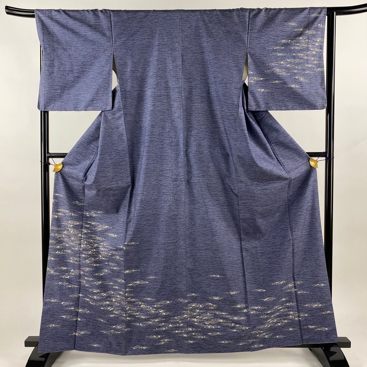 訪問着 身丈162.5cm 裄丈66cm M 袷 紬地 霞 金彩 青灰色 正絹 秀品  