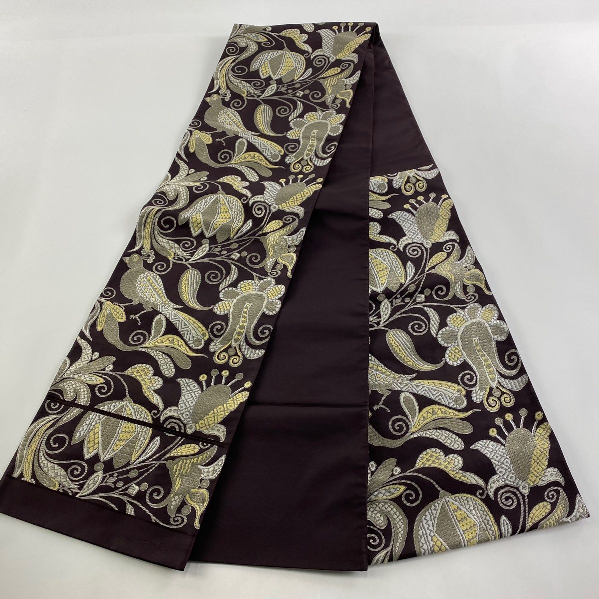 袋帯 美品 名品 洛風林 落款 草花 鳥 紫 六通 正絹 【中古