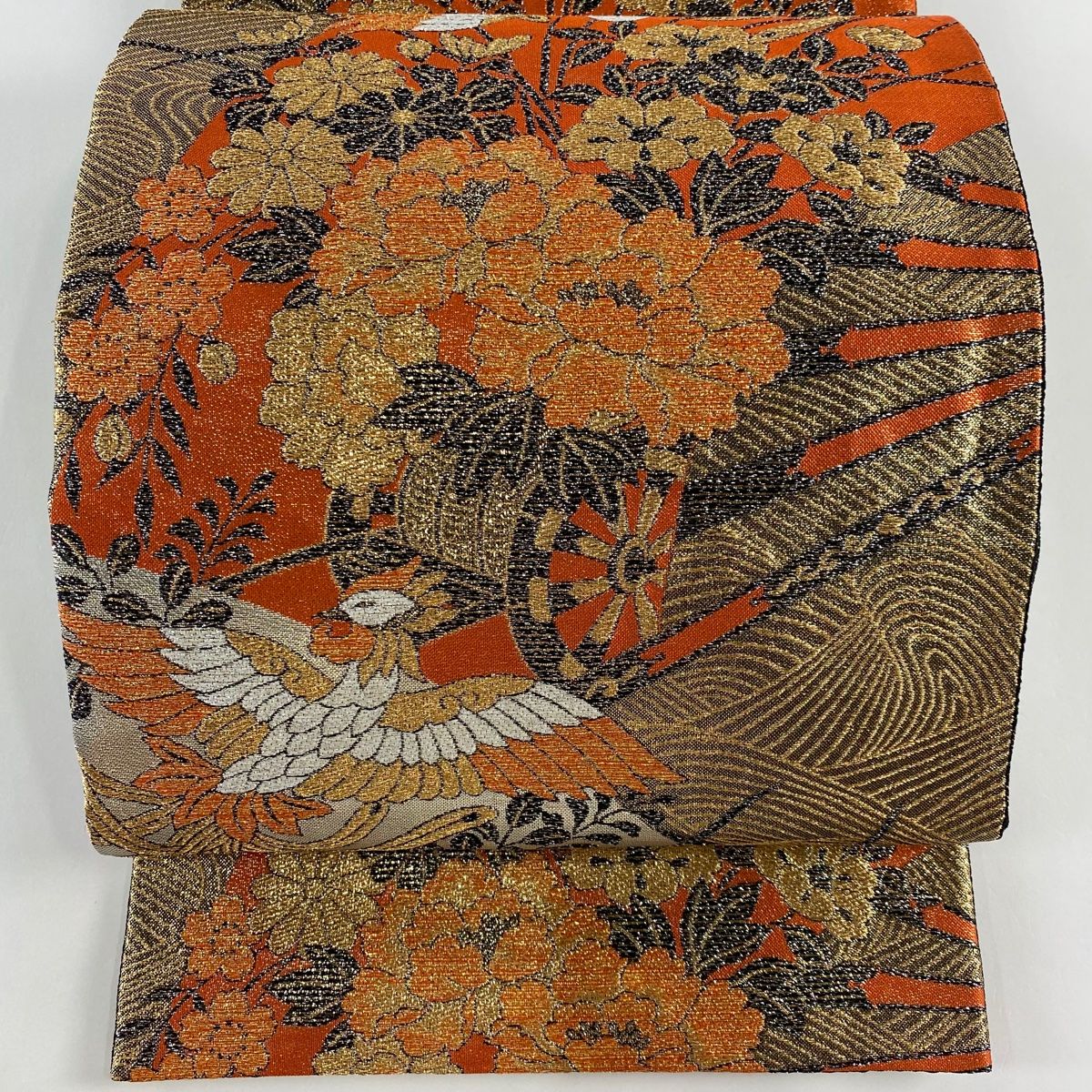 ZY-594 袋帯 花車 四季折々 牡丹 菊 藤 金糸 六通 高級 逸品 ZY-594 袋帯 花車 四季折々 牡丹 菊 藤 金糸 六通 高級 逸品