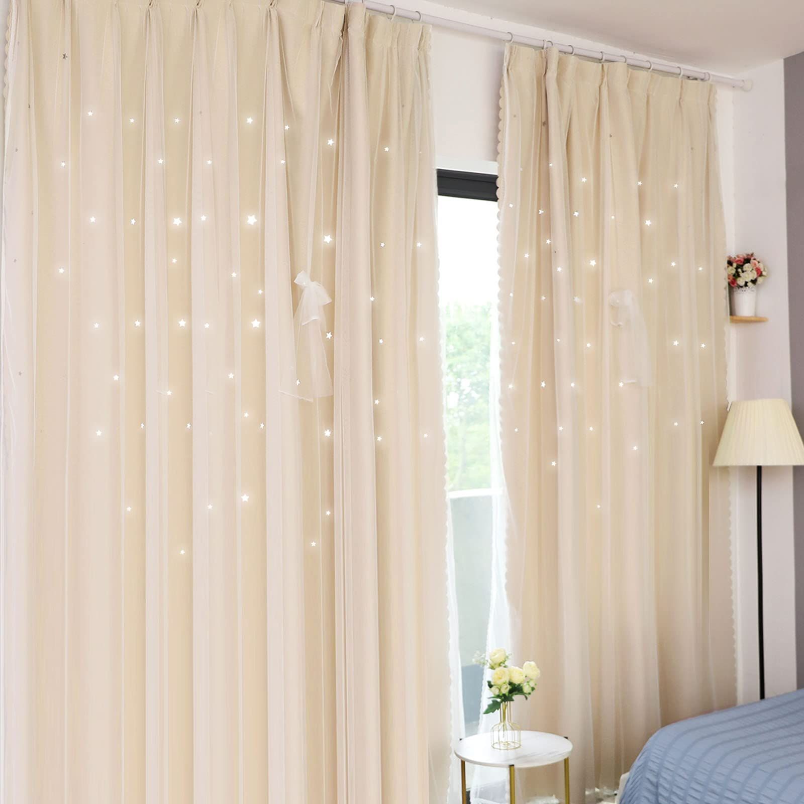 カーテン 遮光カーテン 2枚入り セット 一体型カーテン オーダーカーテン 可愛 Color:ベージュ_Size:丈135 cm x 幅100 cm (2枚組) カーテン 姫系 遮光