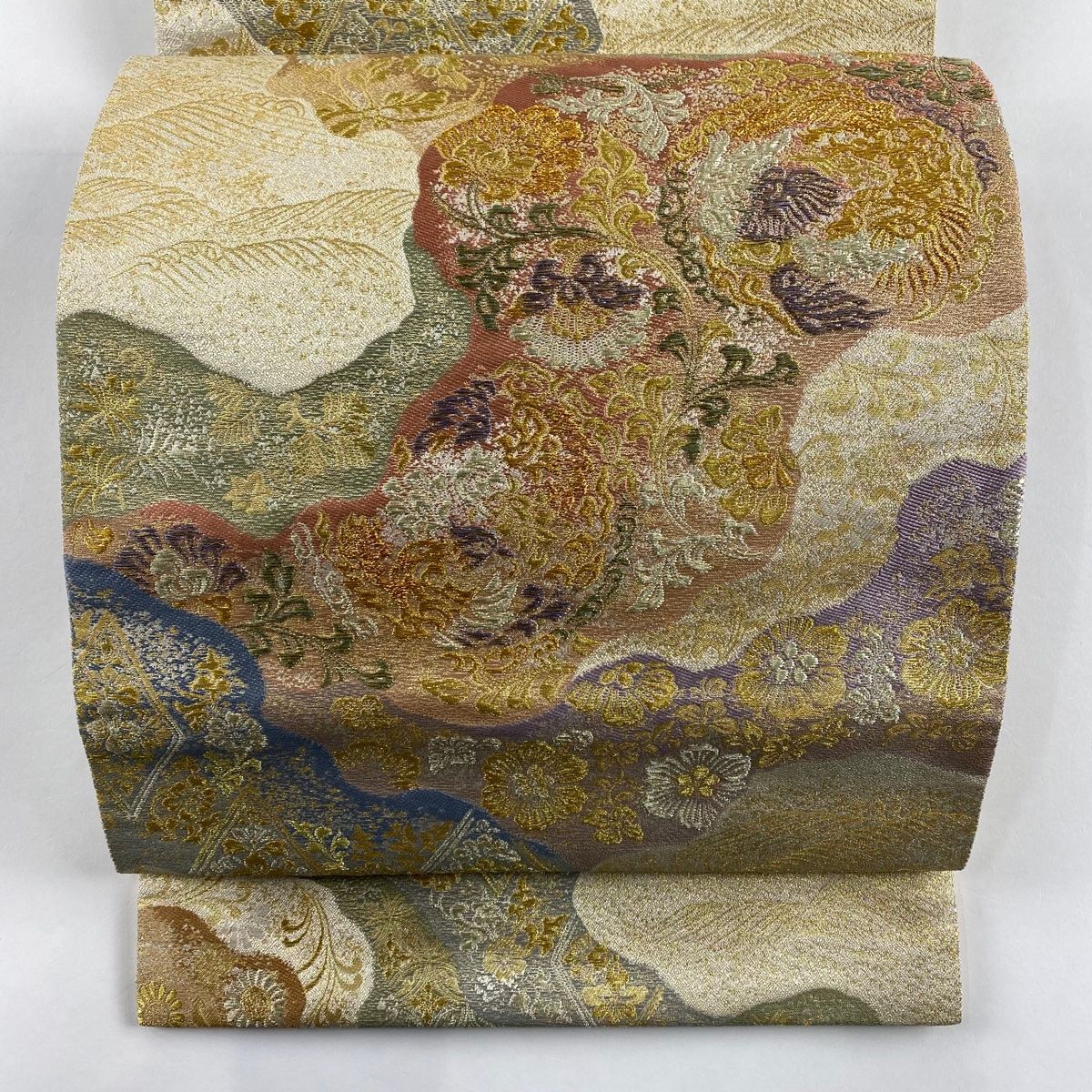 袋帯 秀品 草花 道長取り 金銀糸 箔 ベージュ 六通 正絹