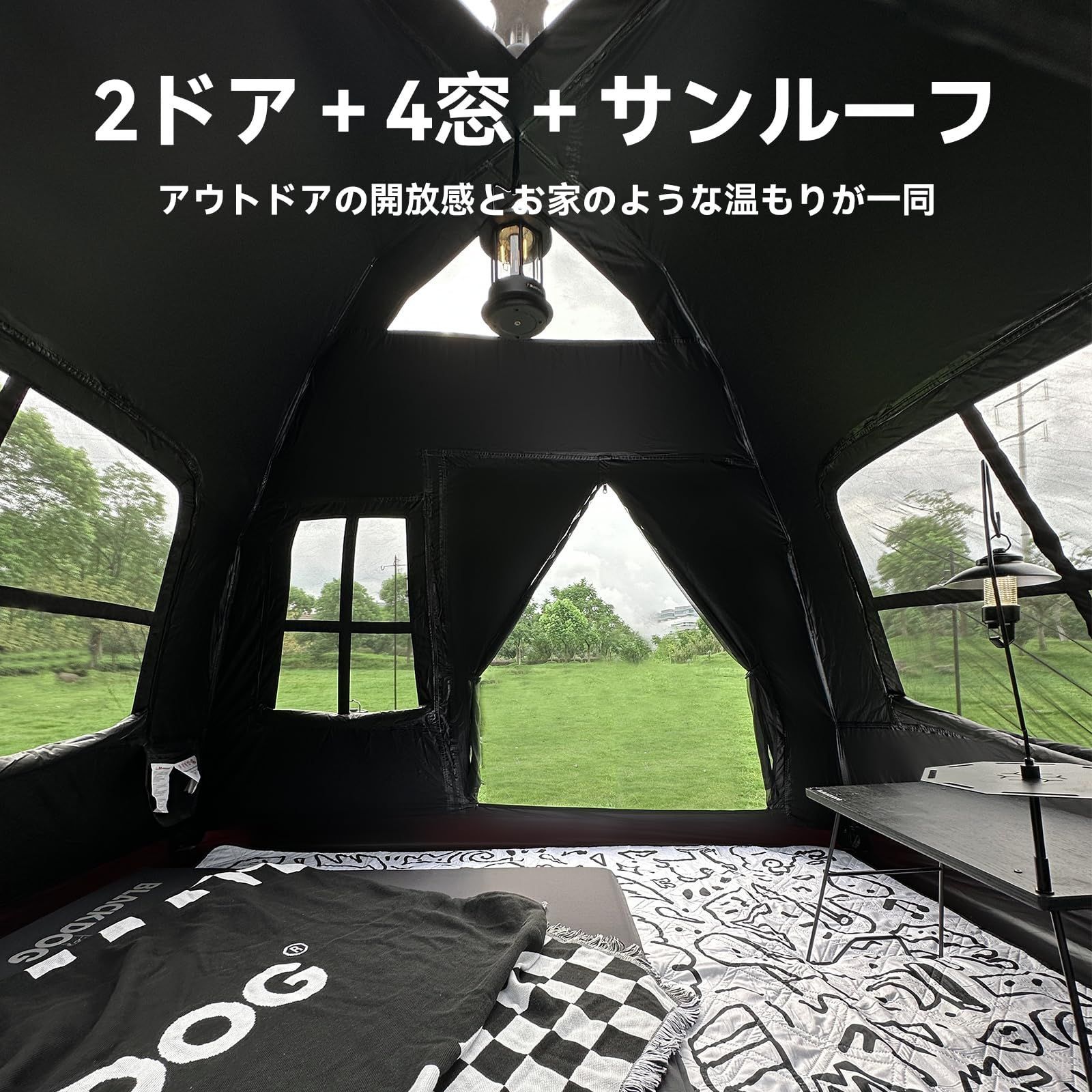 商品 テント ワンタッチ 幽居 3~4人用 BU PU素材 公式 BLACKDOG アウトドアキャンプ 設営簡単 uvカット 自立式 2重層 耐水圧 3000mm 防風 防水 防虫対策 メッシュ窓付き 通気性に優れ お花見 防災用