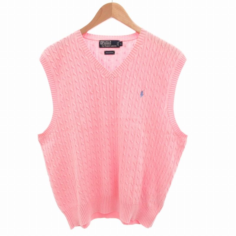 ポロ ラルフローレン POLO RALPH LAUREN ケーブル編みニットベスト Vネック プルオーバー ロゴ刺繍 ワンポイント L ピンク /GV AA