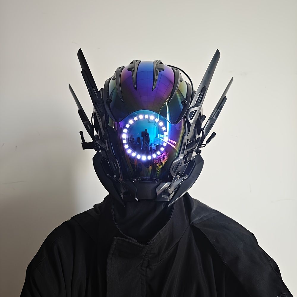 サイバーパンク クール SF 未来的 LED マスク AB ブラック アンテナ ヘルメット ドレスアップ アクセサリー ハロウィン コスプレ写真小道具 バー クラブ レイブ LARP パーティー用品 ステージ パフォーマンス アクセサリー ギフト -