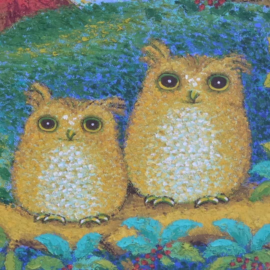 佐野千恵子 『黄金のふくろうと赤富士』油彩画 F6号 縁起物 風水 原画