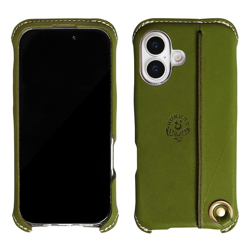HUKURO iPhone17 互換用 オープン型 ケース 栃木レザー 本革 スマホケース 落下防止 グリップ カバー ストラップホール 持ちやすい 日本製 フクロ グリーン 右手持ち