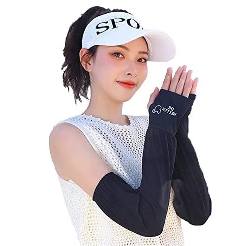 ブラック [UpNova] アームカバー 冷感 UVカット手袋 UPF50+ 紫外線対策 日焼け止め 親指穴あり ゆったりタイプ 接触冷感アームカバー ひんやり 涼しい 通気 吸汗 かわいい ミッキー柄 アウトドア 