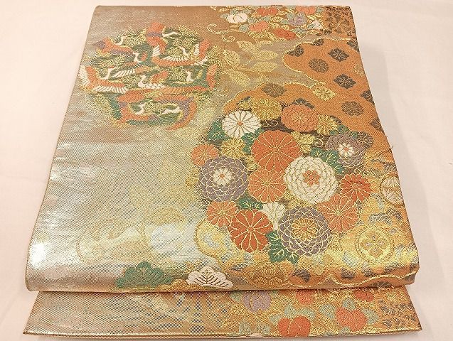 特特111fchreji 佐賀錦 膨れ帯 袋帯 格天井に飛鶴模様 黒白金色 【新品】 佐賀錦 膨れ織り 四季の花々 袋帯 正絹 金糸 ゴールド 黒 白 623