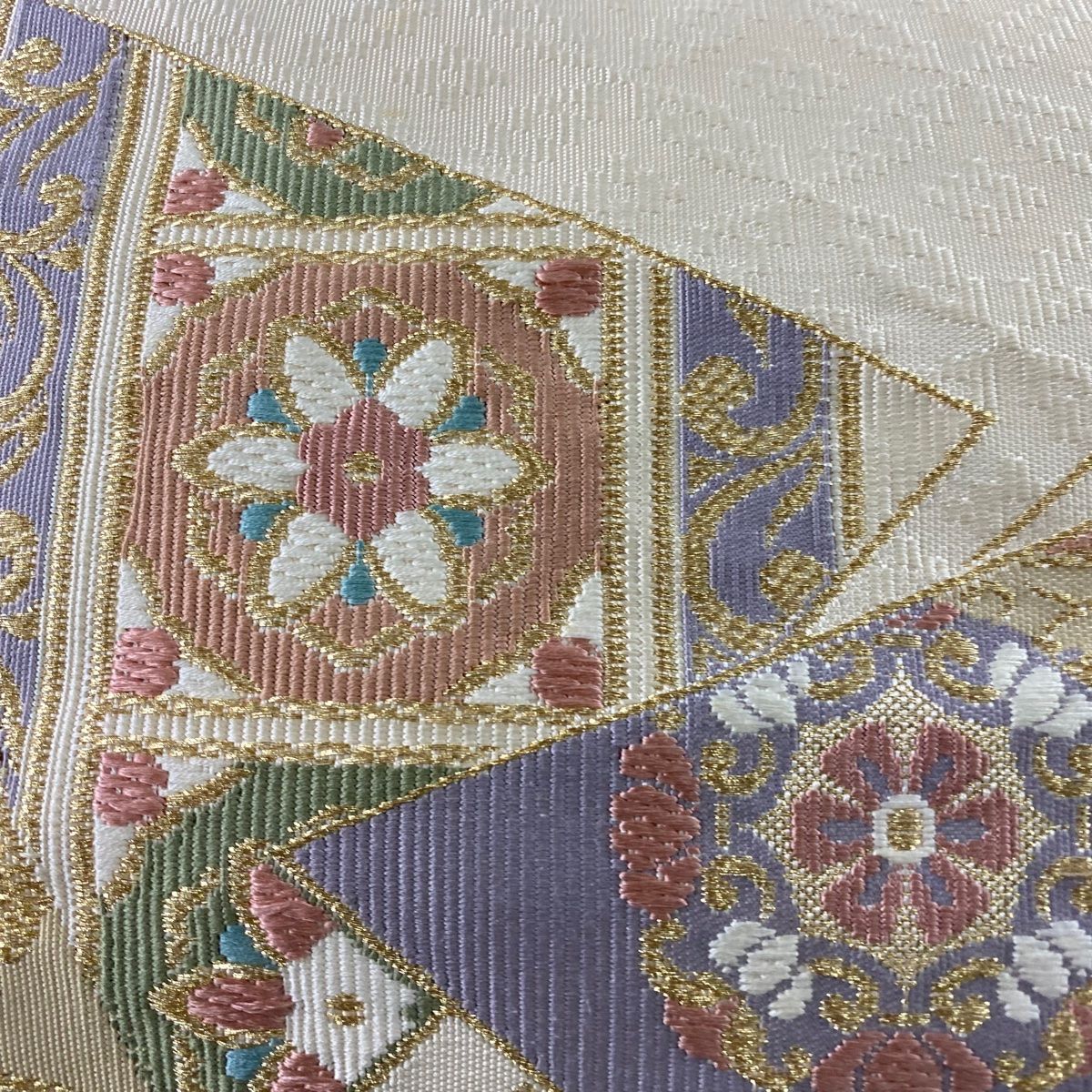 114以降発送)美品 名古屋帯 白地に刺繍 唐獅子牡丹【着物屋くるり