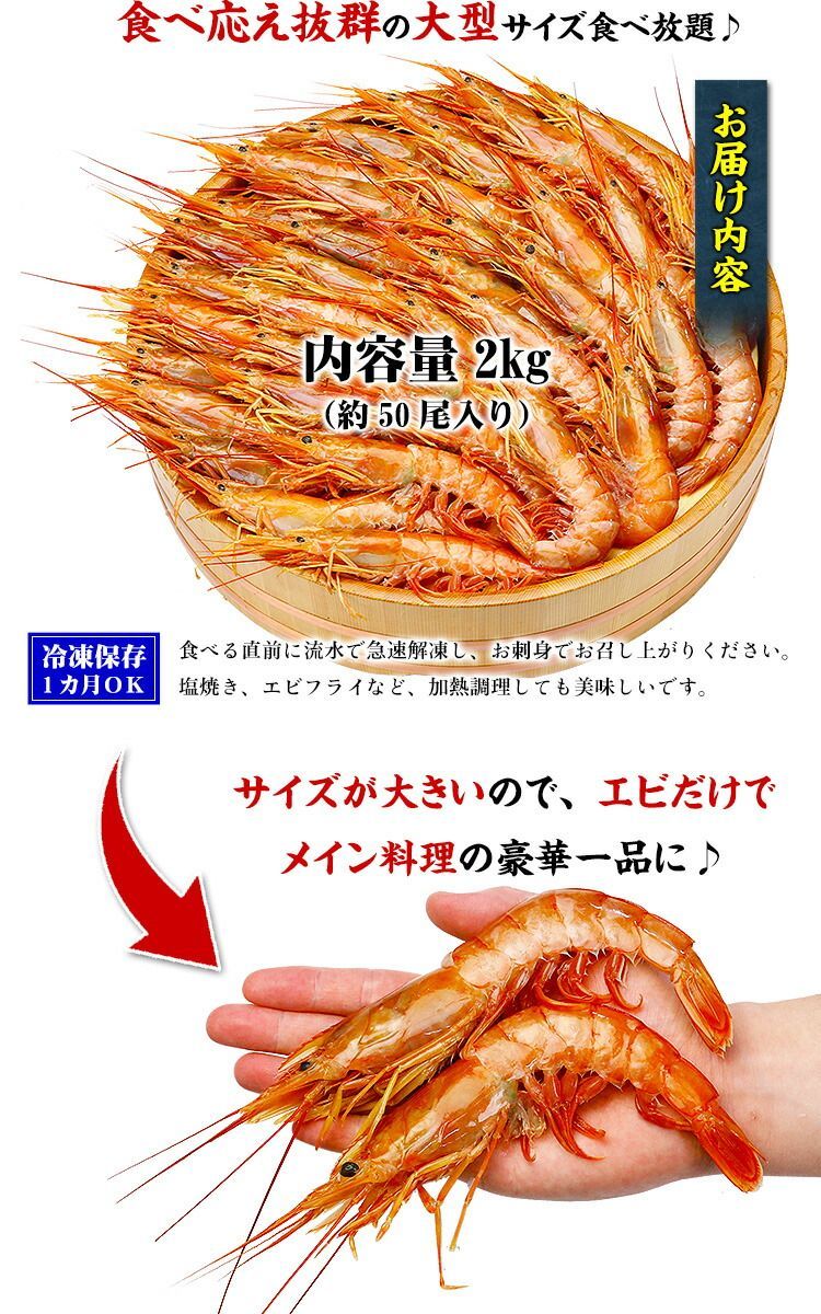 天然赤えび🦐 特盛2kg（大型サイズ） 約50尾前後 海老 エビ えび 【赤エビ】 【アカエビ】 【あかえび】 【甲羅組】冬ギフト