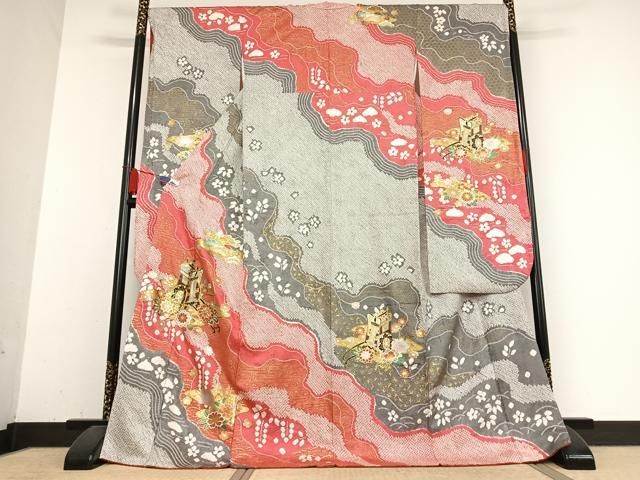 平和屋着物●豪華振袖 駒刺繍 絞り 御所車花文 金彩 正絹 AABB0113zg