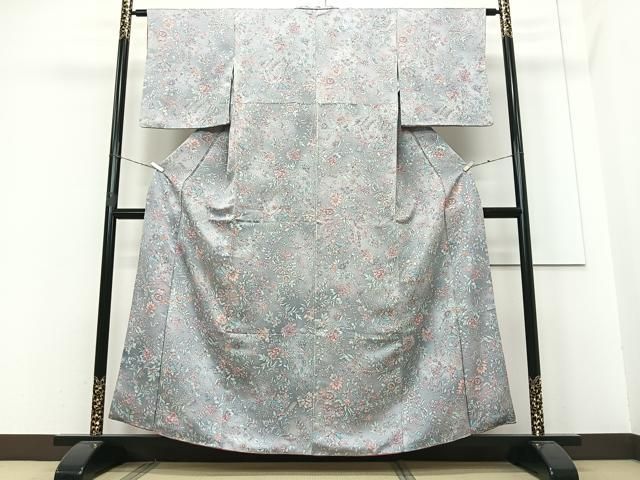 平和屋着物▽上質な小紋 単衣 更紗切嵌草花文 正絹 逸品