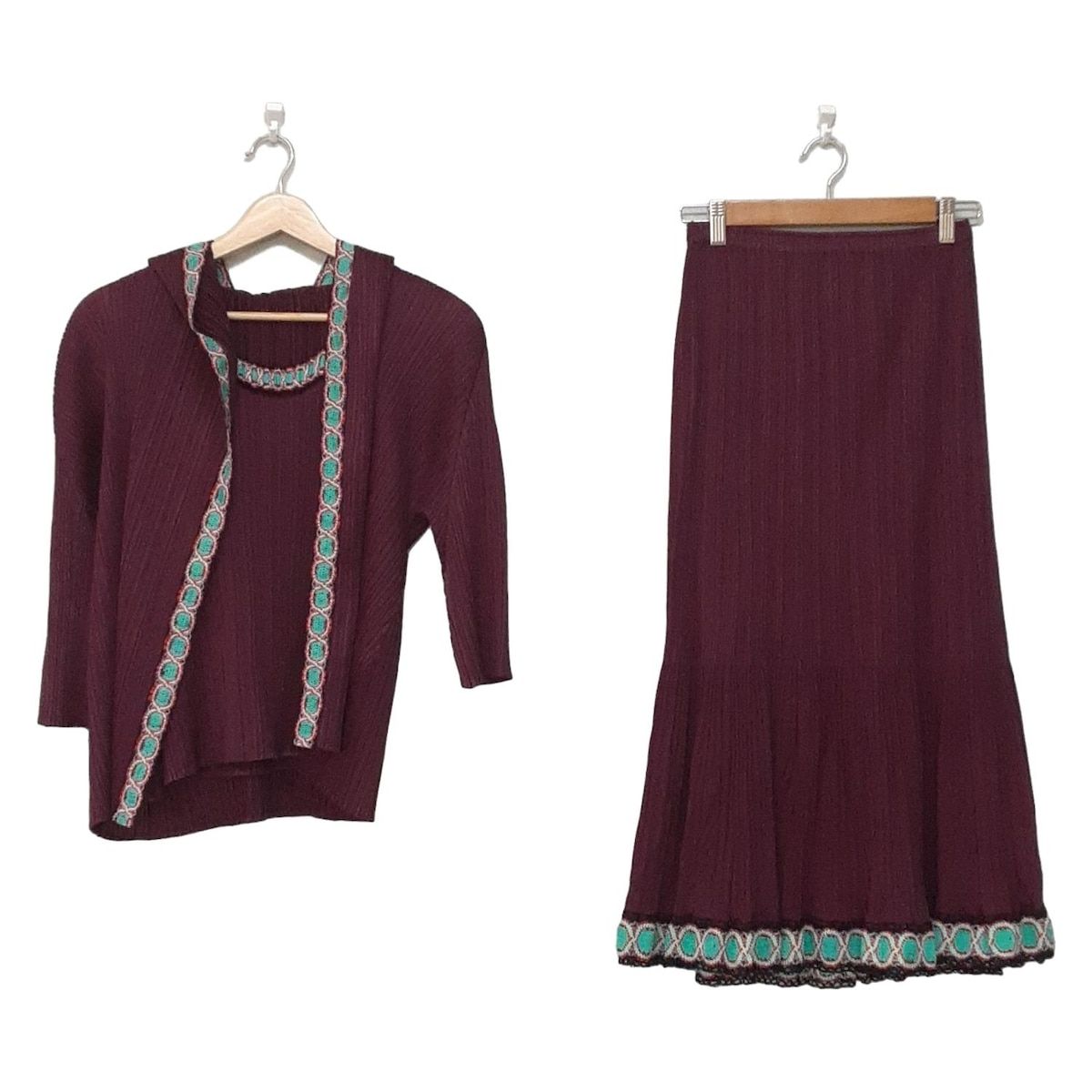 プリーツプリーズ スカートセットアップ レディース - ボルドー×ブルーグリーン×マルチ レース プリーツ ウエストゴム 3点セット