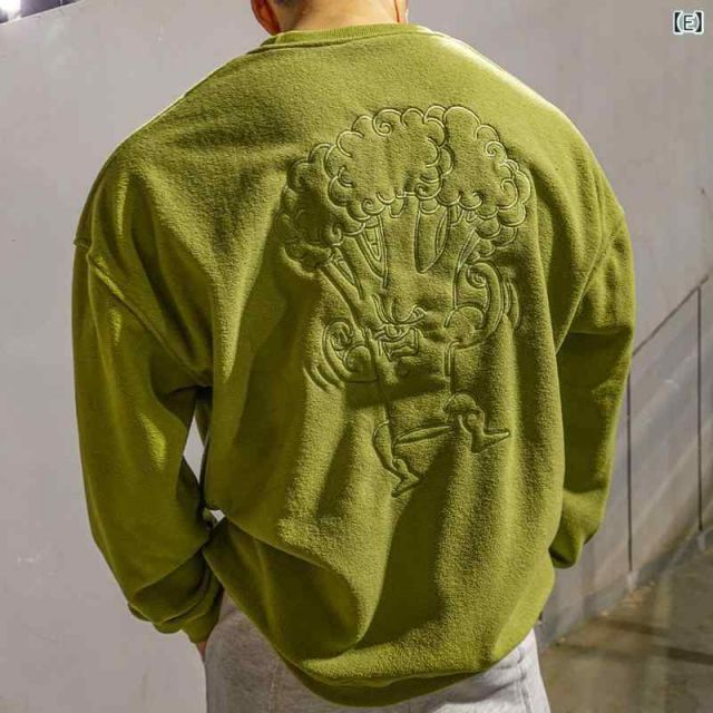 [L]メンズ ファッション 服 男性用 オシャレ シンプル 大人 かっこいい 大きいサイズ ストリート 紳士服 筋トレ トレーニング ウェア ブロッコリー フリース スウェットシャツ ベルベット 長袖 ラウンドネック 無地 フィットネス トップス