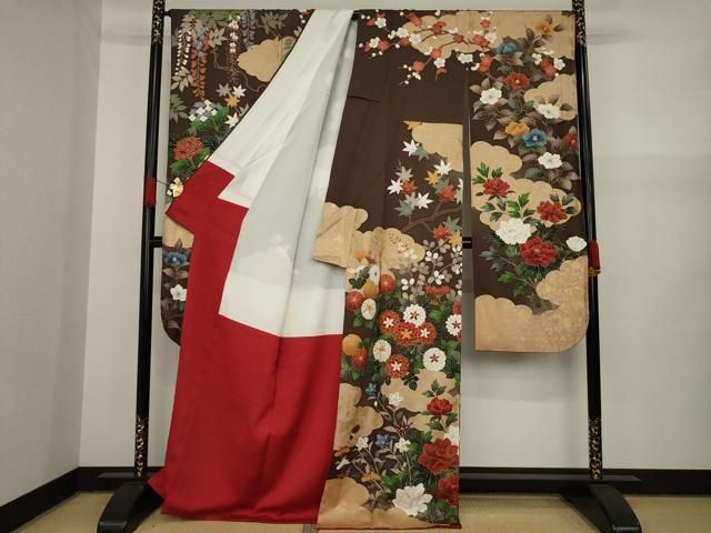 梅の花模様 薄桃色 金駒刺繍 金彩 パステル 淡色 袷 正絹 成人式 振袖 着物 正絹 刺繍振袖 黄土色 牡丹刺繍 美品 蝶 辛子 花柄 からし お
