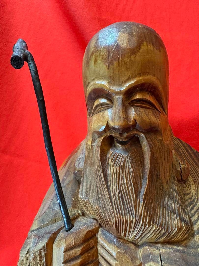 木彫 福禄寿 七福神 彫刻 無銘 笑顔の老人像 杖付き 木彫 福禄寿 七福神 彫刻 無銘 笑顔の老人像 杖付き