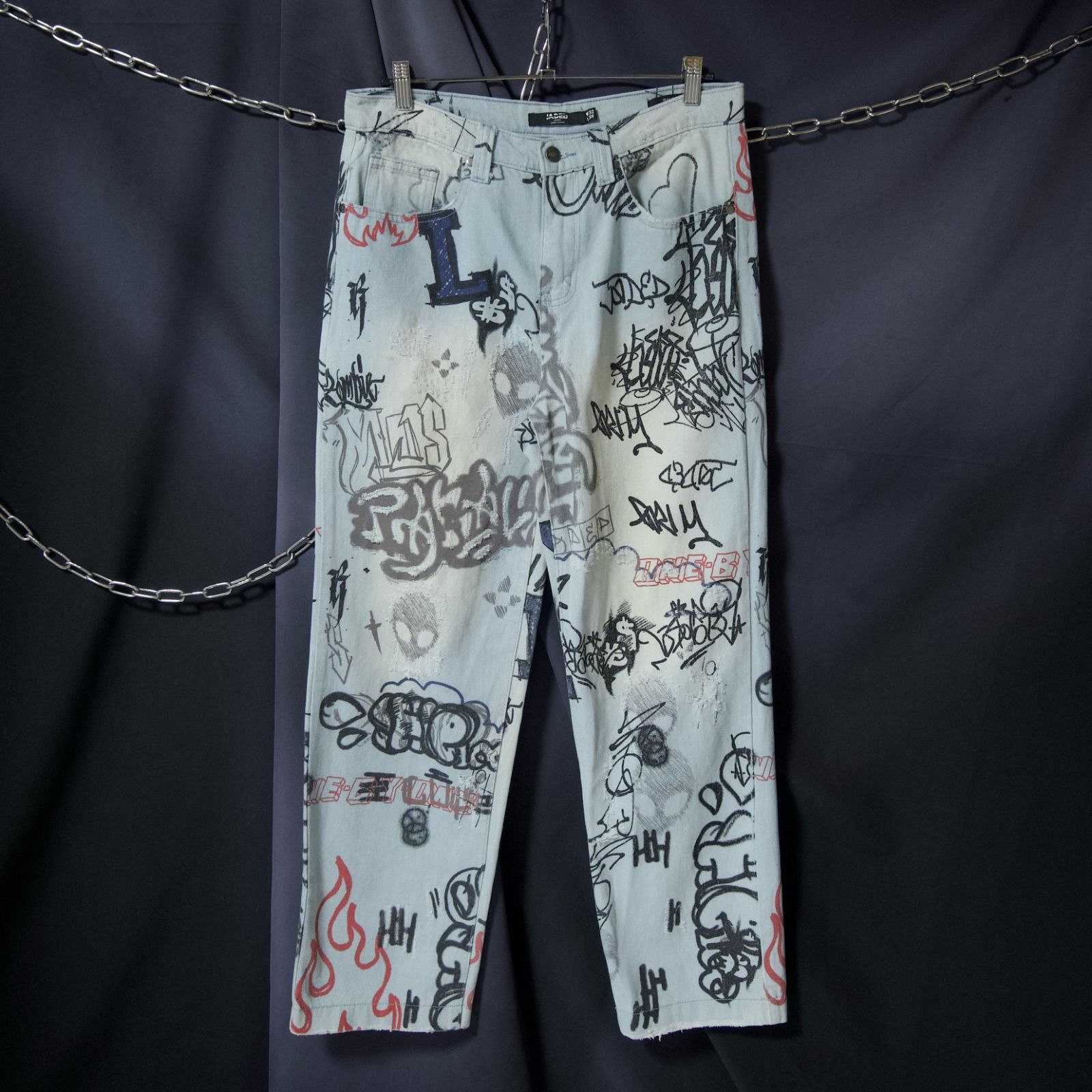 Jaded LONDON FULL Graphics Alien&Fire BAGGY Denim 総柄 グラフィック プリント 宇宙人 ファイヤー デニム バギーパンツ