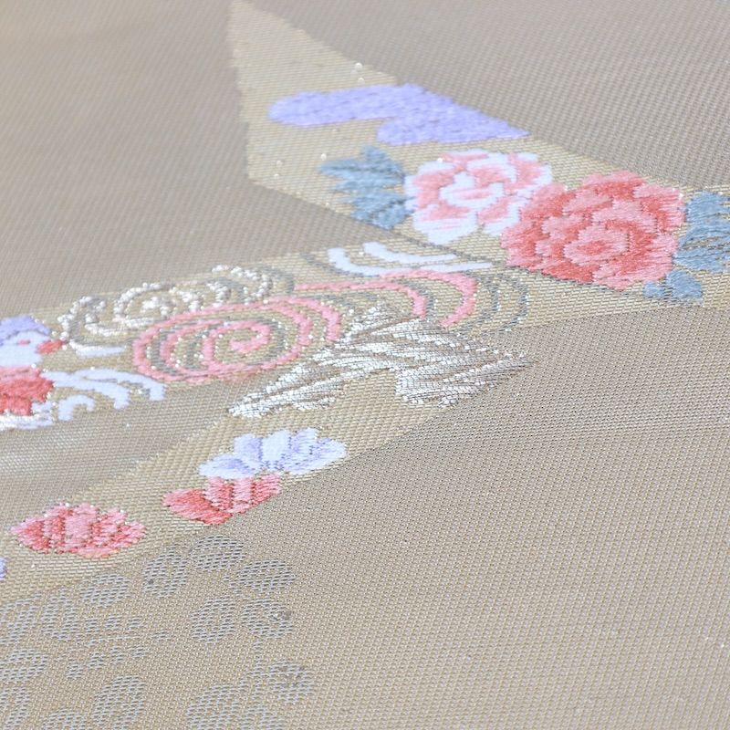 ☆ 名古屋帯 丸に鶴 松葉模様 千種色 縮緬 O-5541 名古屋帯 丸に鶴 松葉模様 千種色 縮緬 O-5541