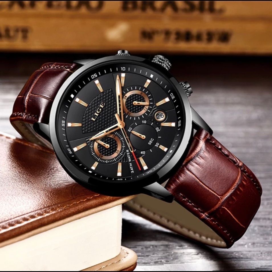 大人気シリーズ】LIGE メンズ 高級腕時計 ブラック クォーツ - 腕時計