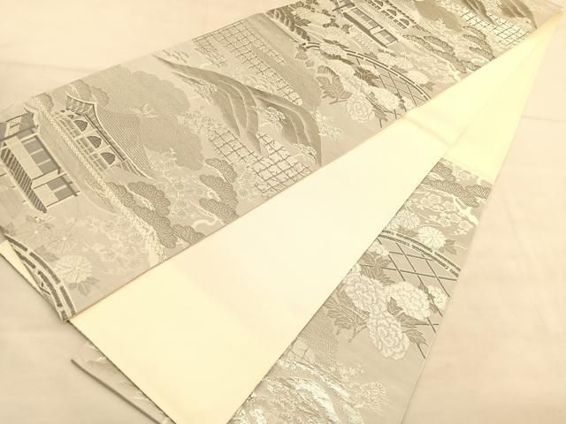 5k1897 袋帯　絹　プラチナ銀箔二重織　金閣寺　銀色　白　花柄　和装　着物 平和屋着物◎六通柄袋帯 しょう美 銀閣寺 プラチナ箔 正絹 逸品