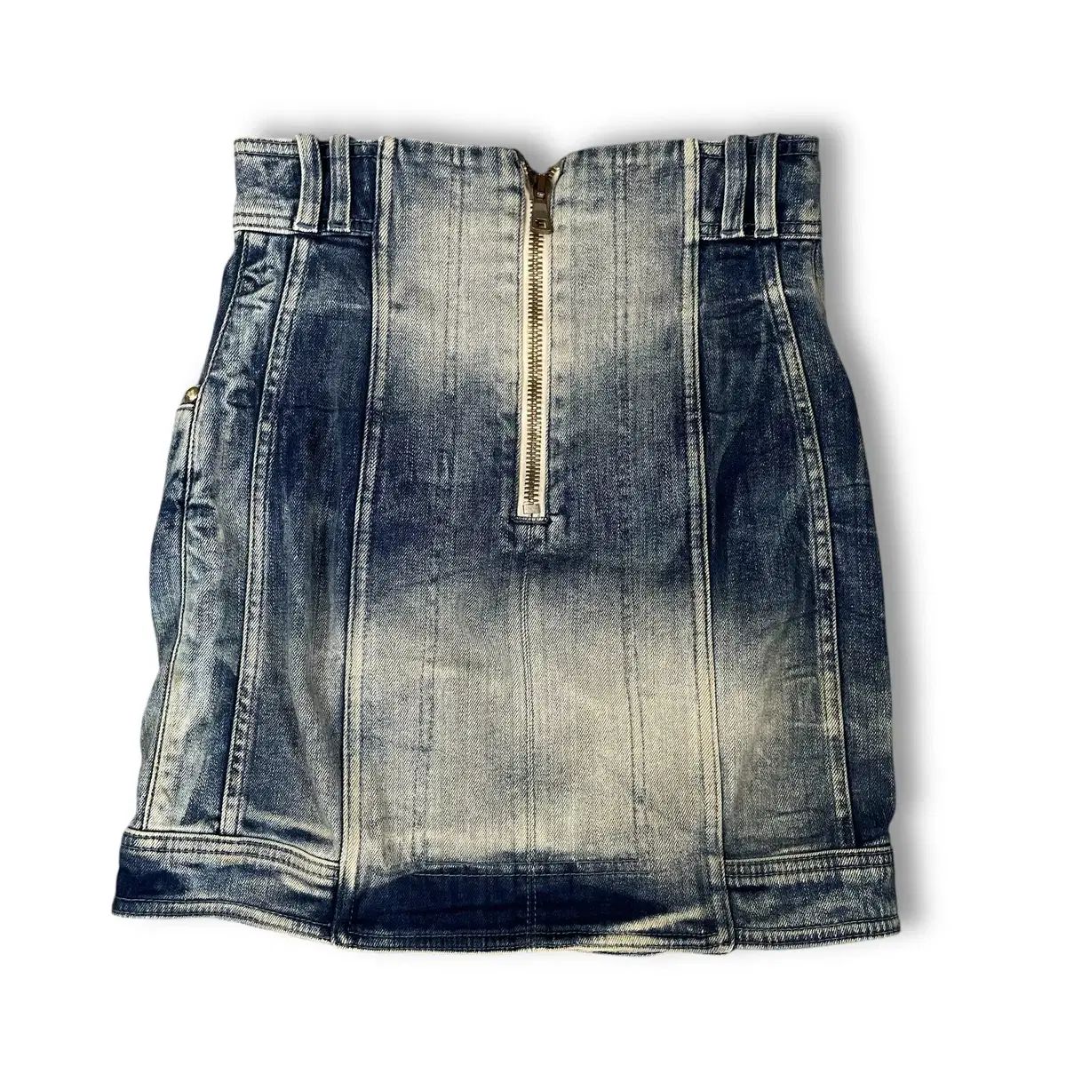 バルマン GOLD ボタン ハイウエスト ウォッシュ デニム ミニ スカート