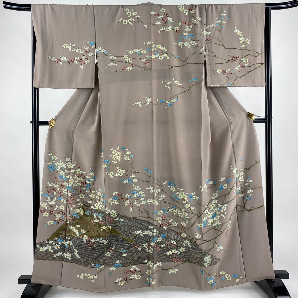 訪問着 身丈160.5cm 裄丈66cm M 袷 落款 枝花 屋根 薄小豆 正絹